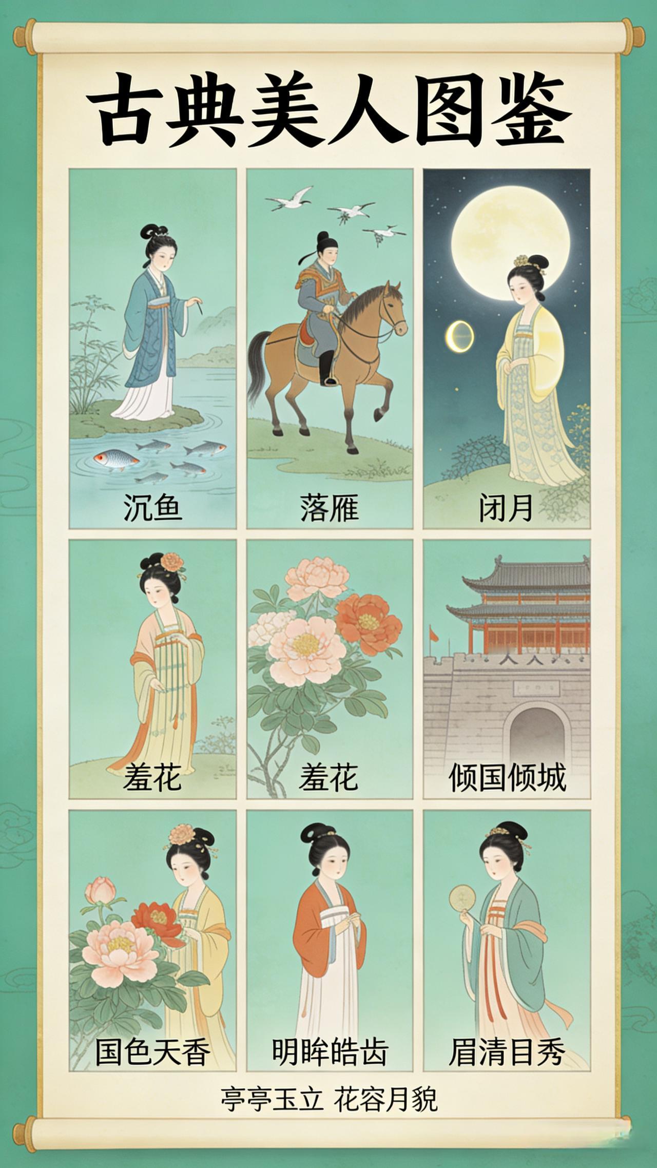 形容女子美貌：
 沉鱼落雁、 闭月羞花、
​  国色天香、明眸皓齿
​  眉清目