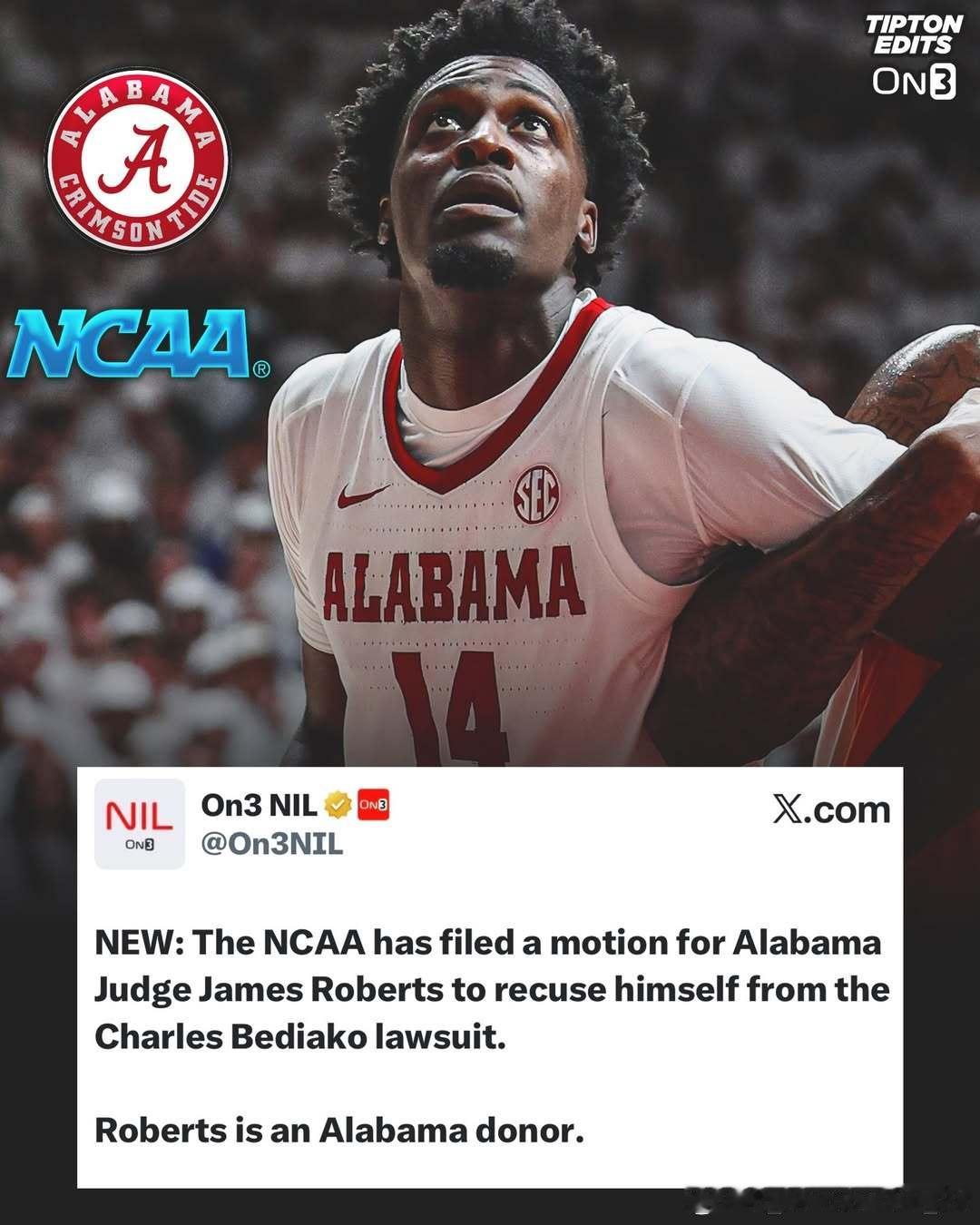 NCAA已向法院提交动议，要求阿拉巴马州法官詹姆斯·罗伯茨(James Robe