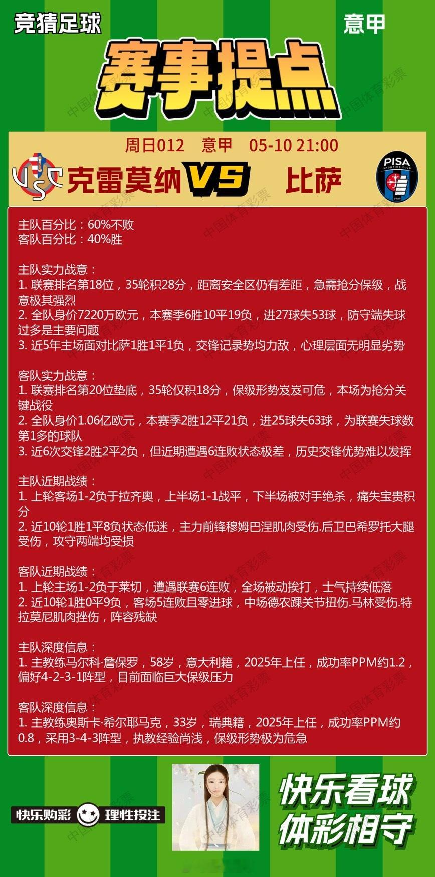 5月10日赛事提点（011到020） 诺丁汉森林VS纽卡斯尔联克雷莫纳VS比萨佛