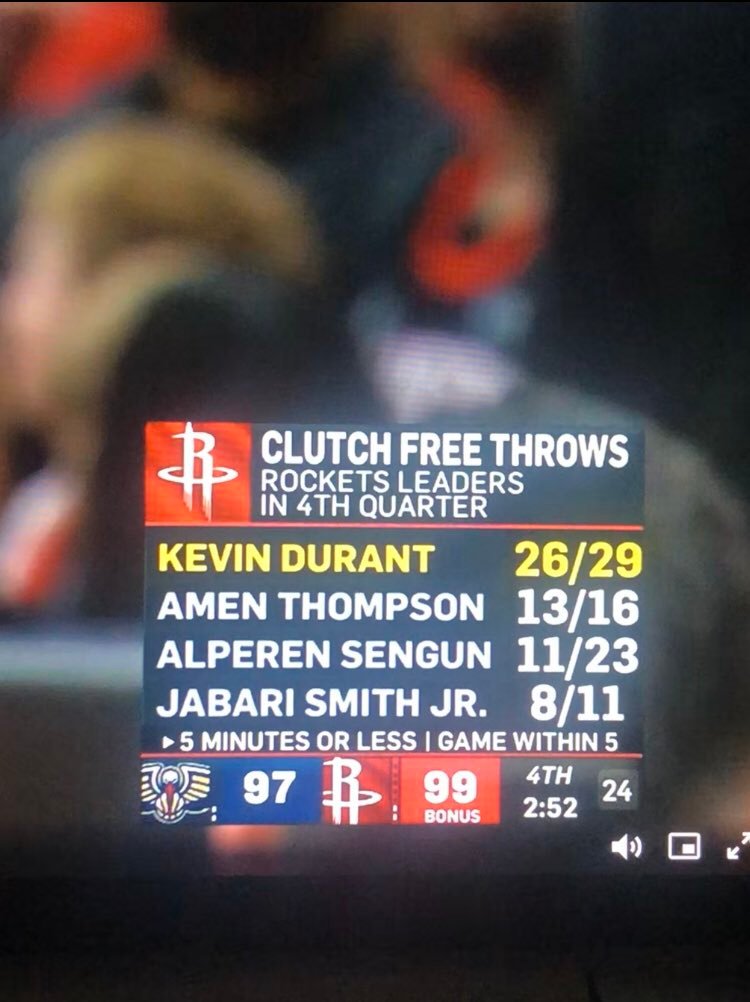 火箭队第四节关键时刻罚球：杜兰特 - 29中26阿门 - 16中13申京 - 2