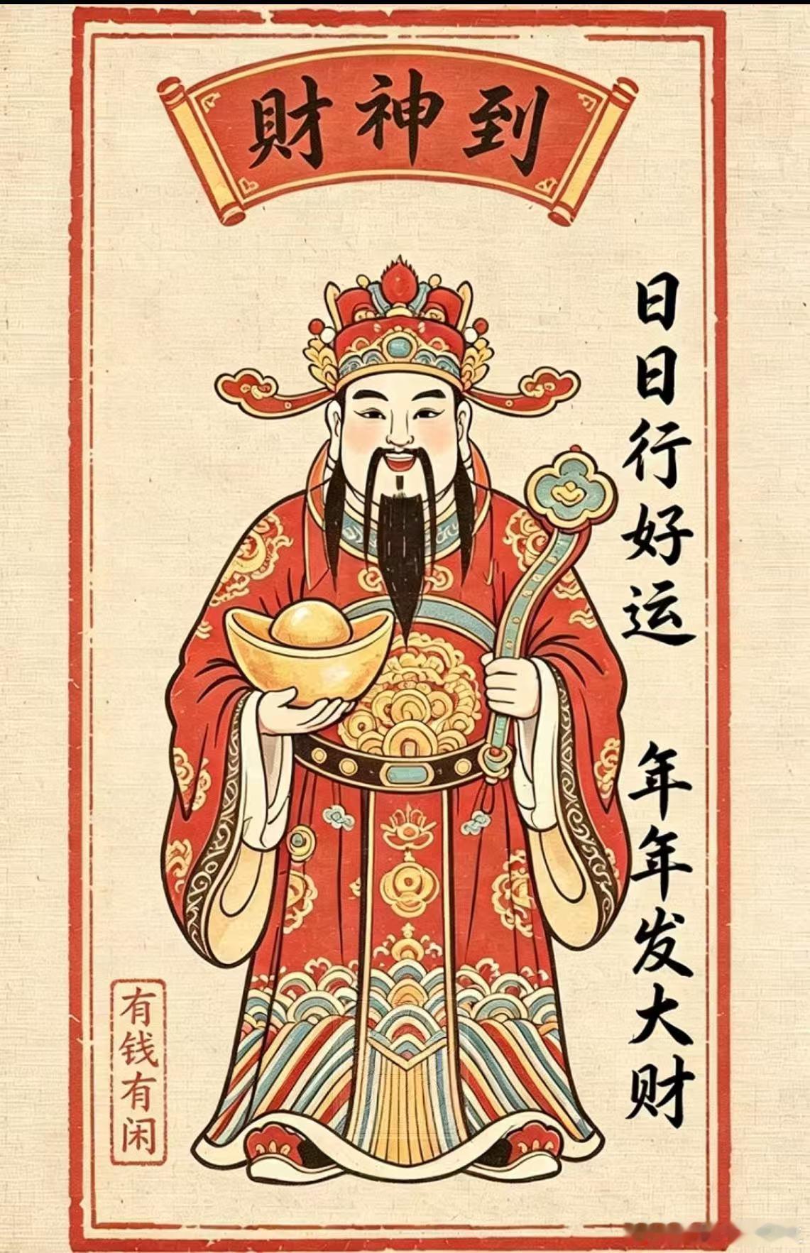 财神到，春携吉运。祈金银常伴家门，财气流转不息。谋划皆能成真，一生顺意从容，满堂