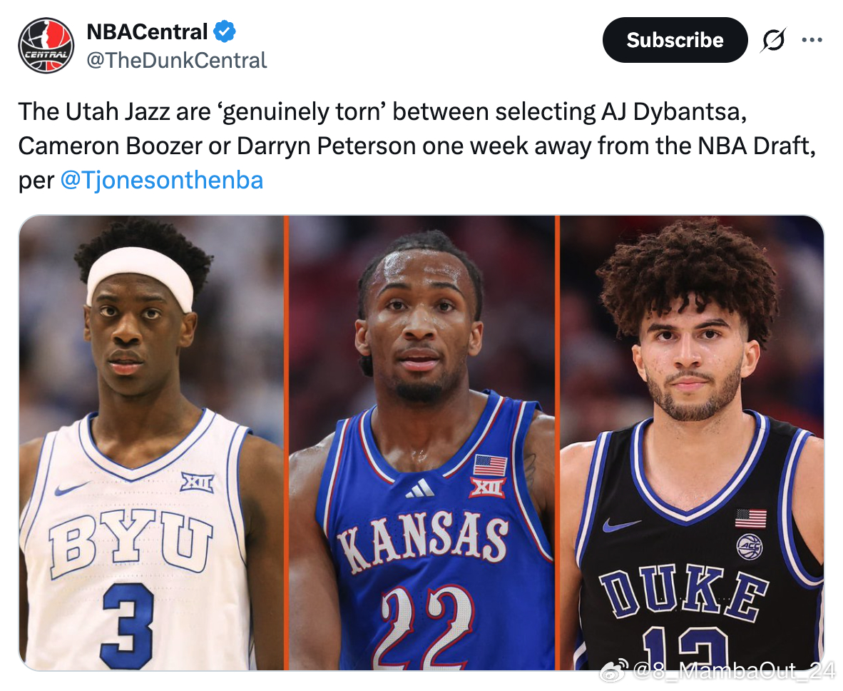 据Tony Jones报道，距离NBA选秀大会仅剩一周之际，爵士仍在AJ·迪班萨