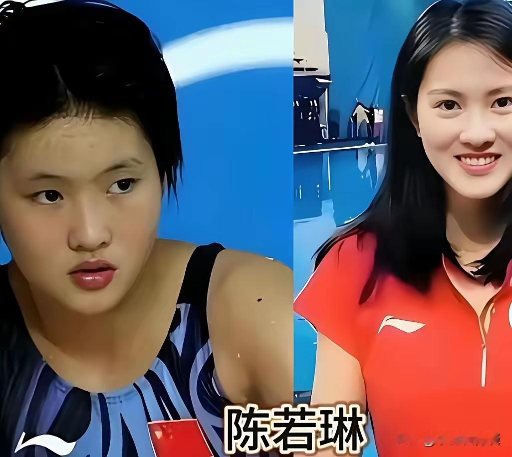 体坛女神今昔对比。陈若琳是跳水梦之队的五金女王，征战三届奥运会拿下五枚金牌，职业