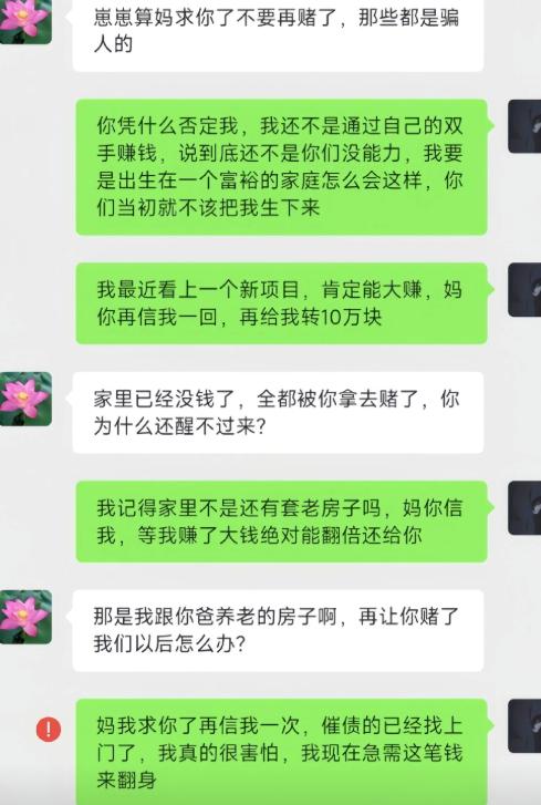 母亲苦苦哀求孩子不要再赌博，苦口婆心劝他认清骗局，可儿子不但丝毫不知悔改，反倒把