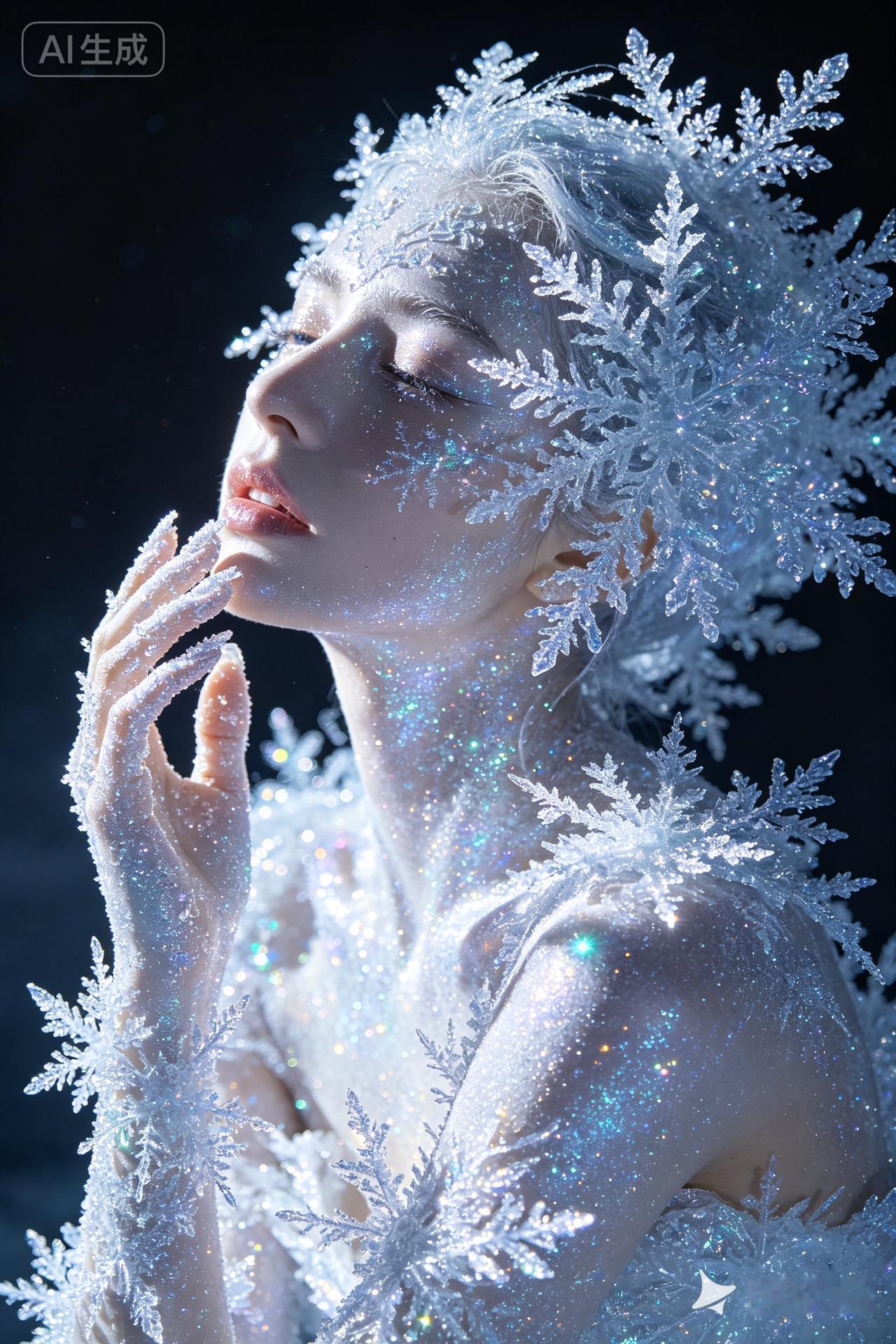 梦幻冰霜女神，闪耀的雪花与星光交织，仿佛来自童话世界。