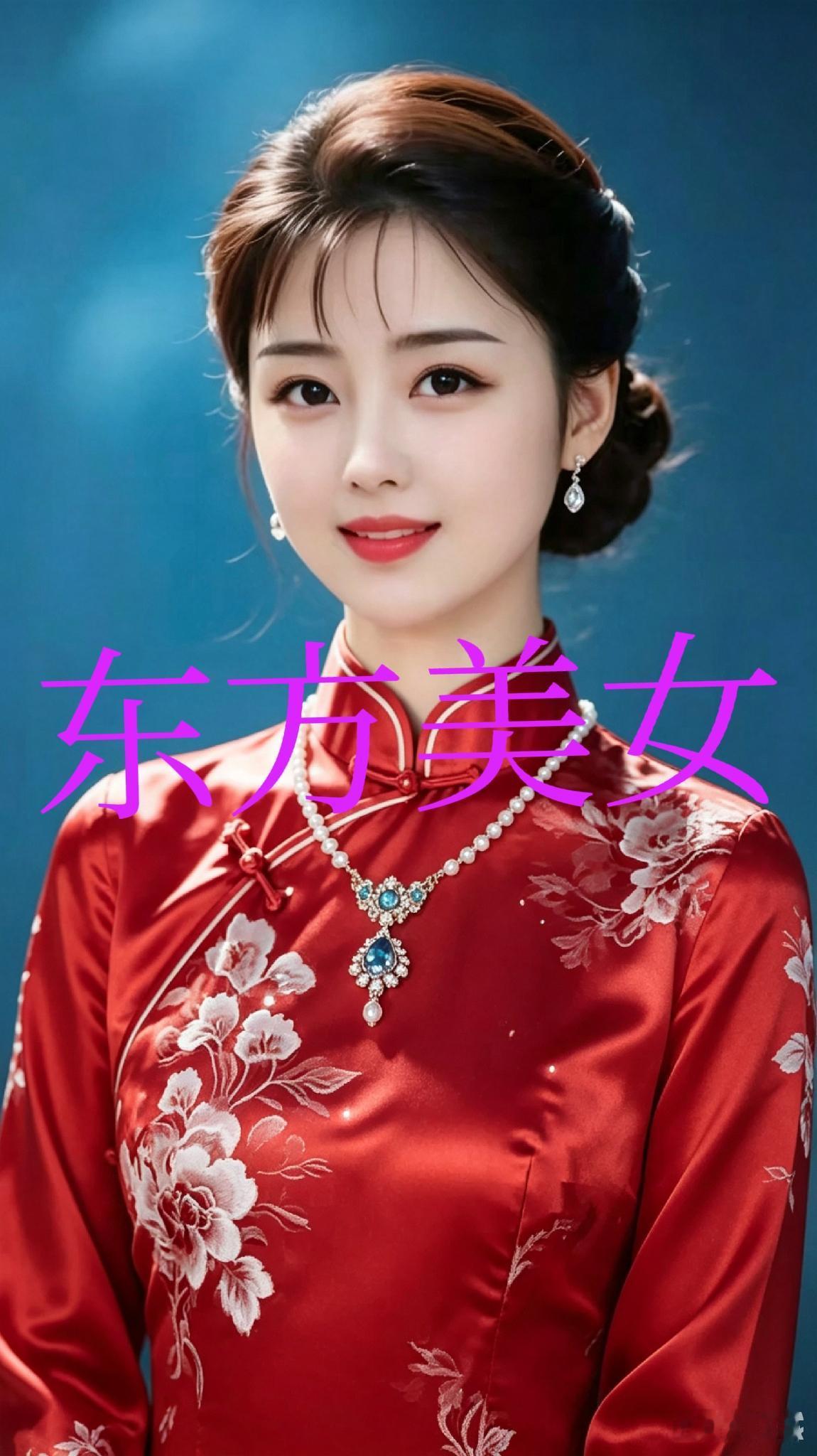 红旗袍佳人
棕发盘云显婉容，朱绸锦缎舞清风。
蓝珠链坠凝雅韵，绣玉罗衣蕴温柔。