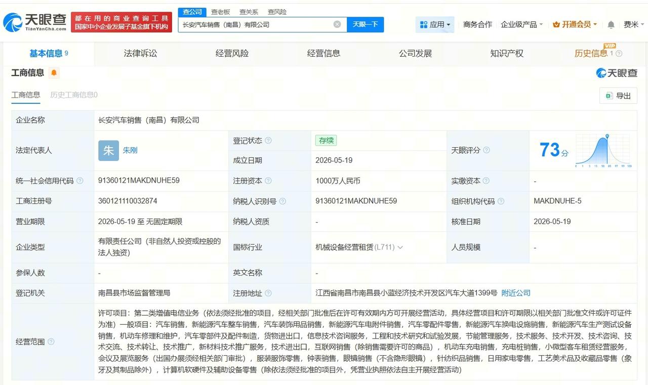 长安汽车在南昌成立新销售公司 注册资本1000万

天眼查App显示，近日，长安