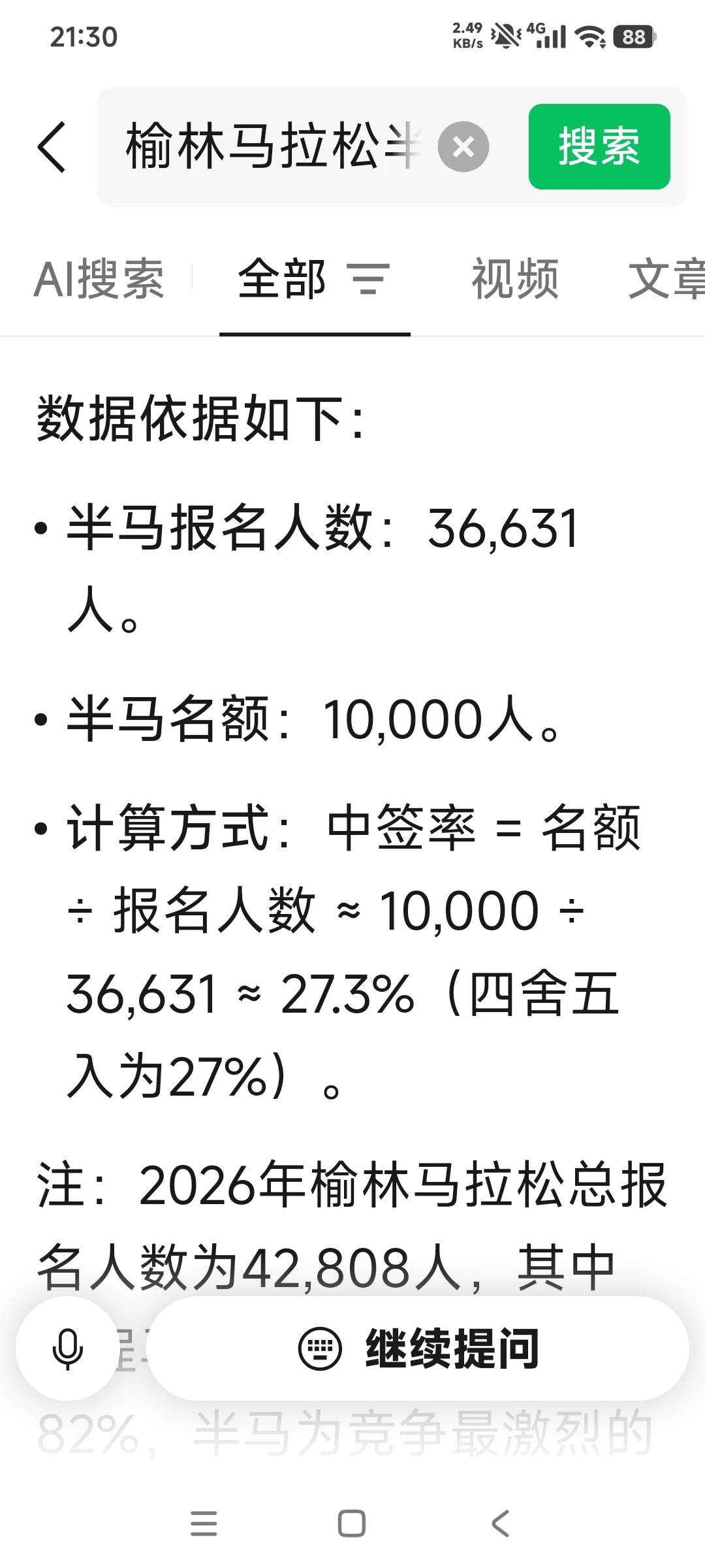 榆林马拉松比赛7月30号公布抽签结果，半马报名36631人，半马名额10000人