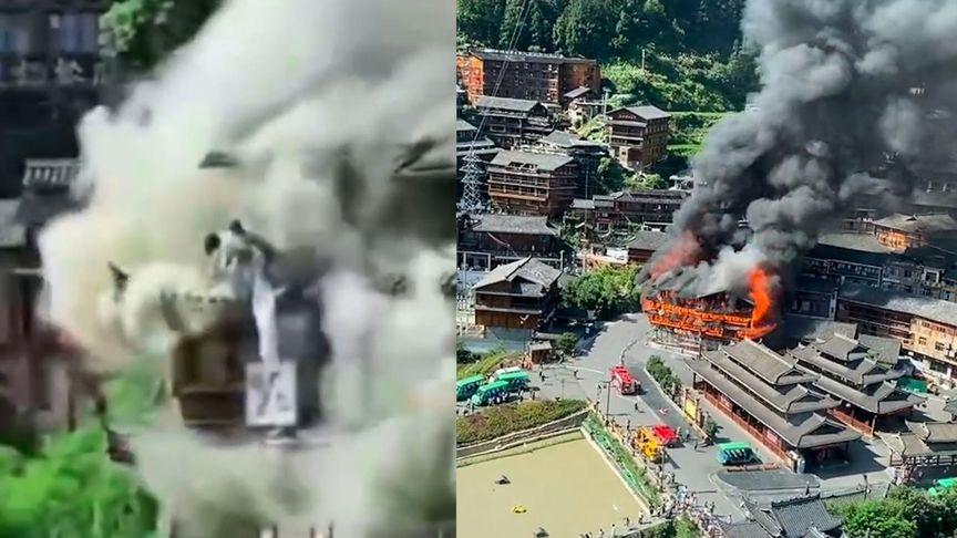 【航拍贵州“千户苗寨”景区建筑起火 有人从三楼跳下被床单接住】7月10日，贵州西
