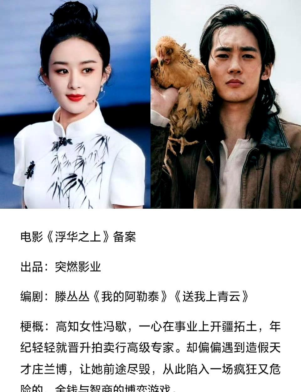 电影《浮华之上》备案了，网传赵丽颖搭档于适？

这配置有点意思。一个演拍卖行的高