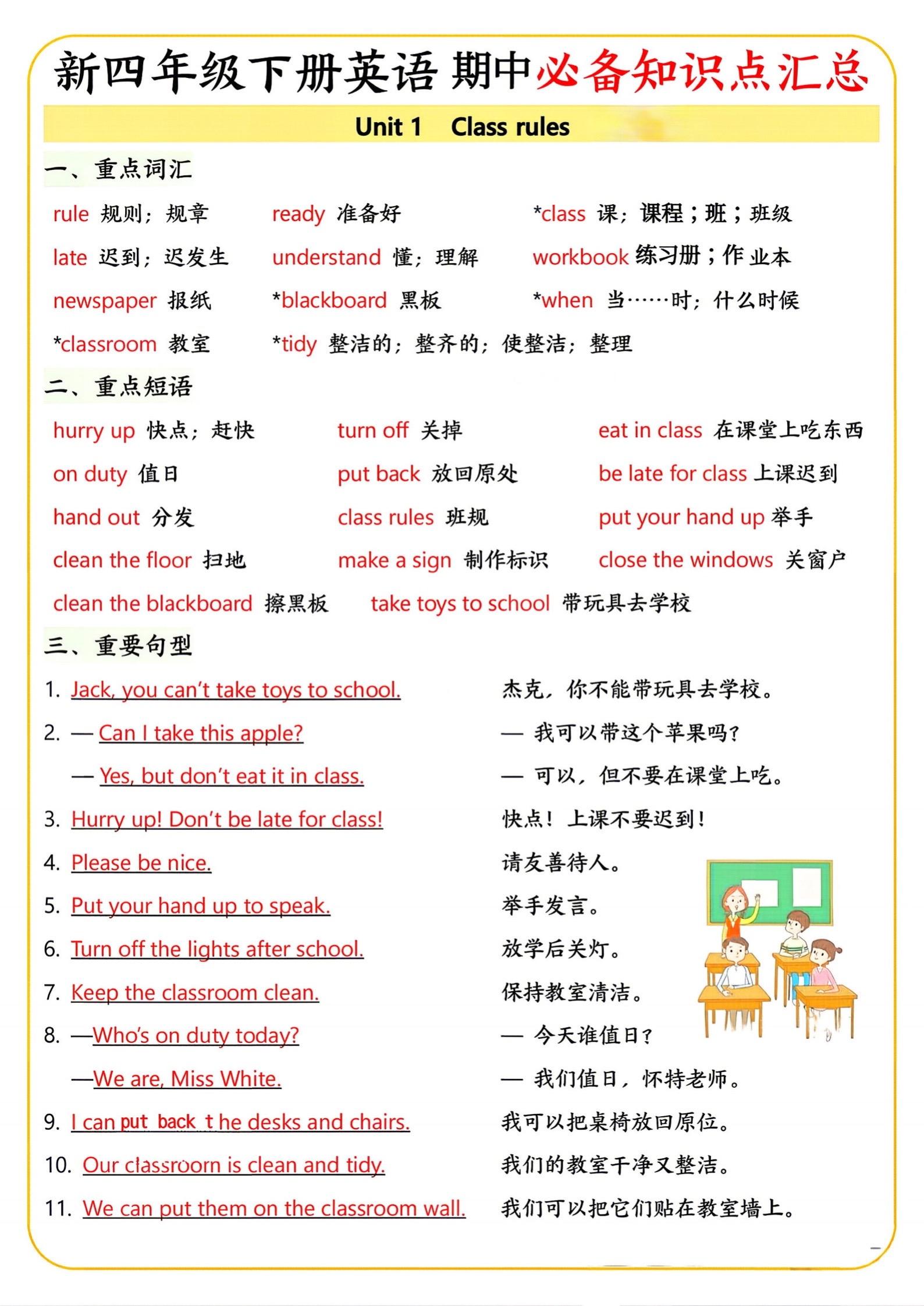 四年级下册英语期中必考知识点，直接抄！期中复习不用愁！新四年级下册英语...