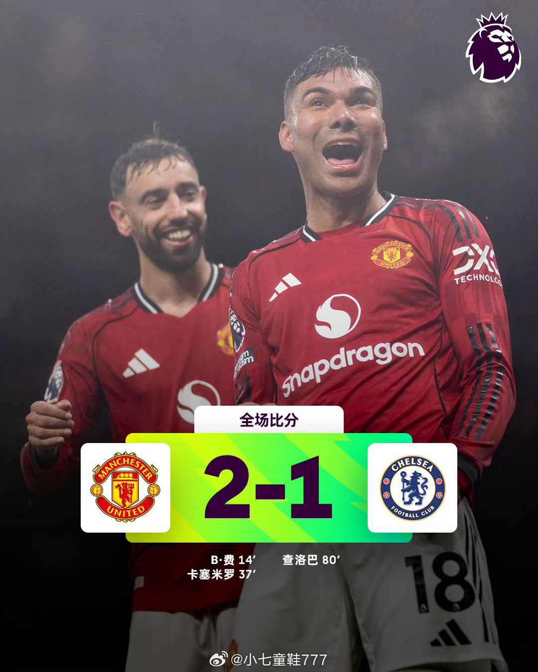 曼联2比1切尔西英超联赛第5轮，上半场切尔西门将桑切斯直红，B费破门，打进个人曼