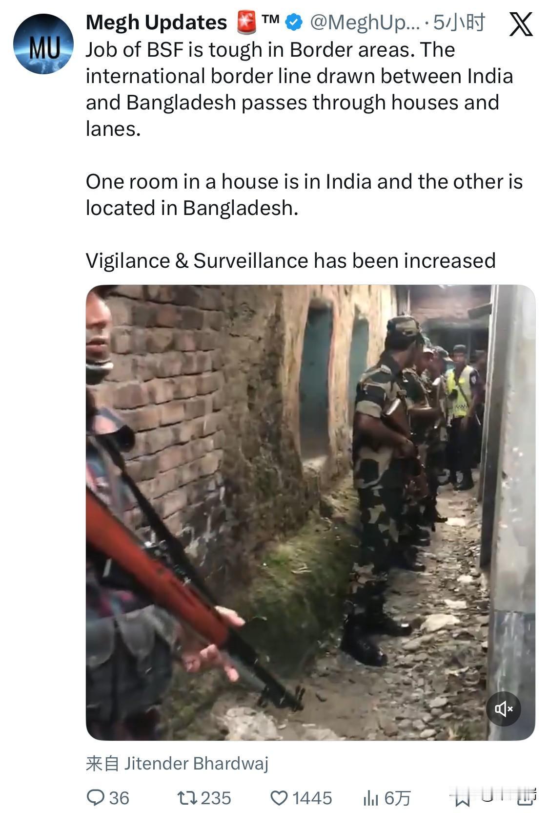 印度边境安全部队（BSF）在边境地区的任务十分艰巨。印孟两国之间的国际边界线穿过