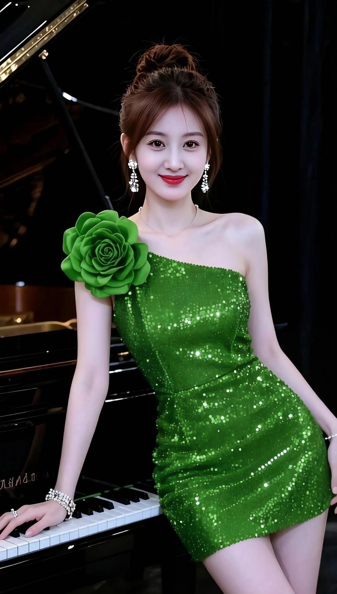 钢琴旁的优雅绿衣美人，闪耀的绿裙与玫瑰相映成趣，美不胜收！🎹🌹✨