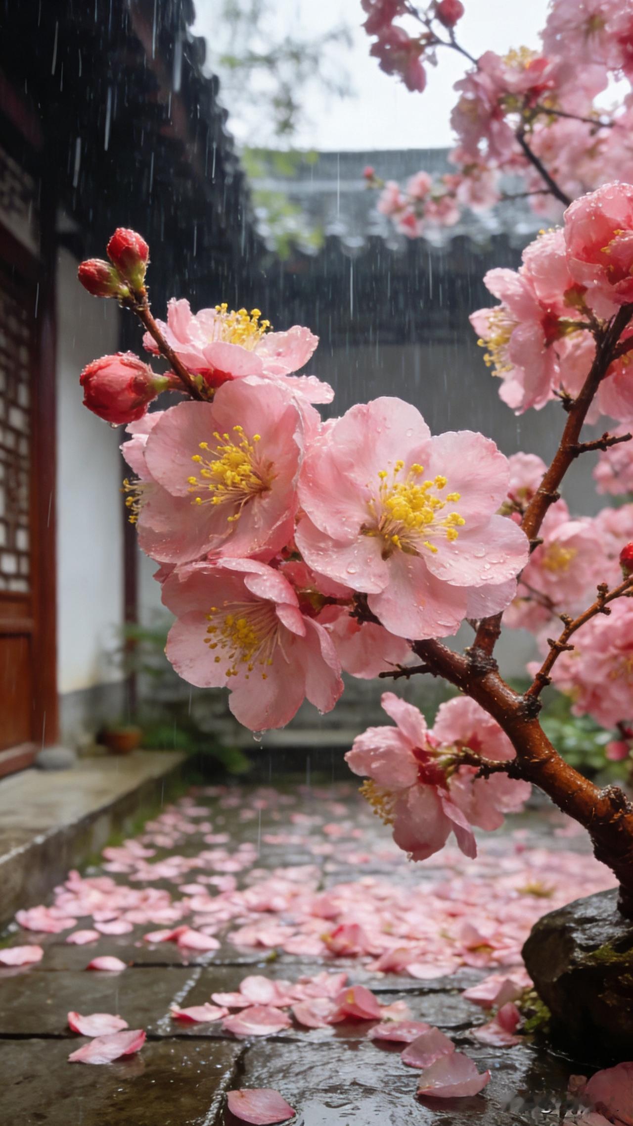 昨天的春柳对联好多诗友捧场，今早再出一联～
上联：雨落桃花满院红
请诗友们赐下联