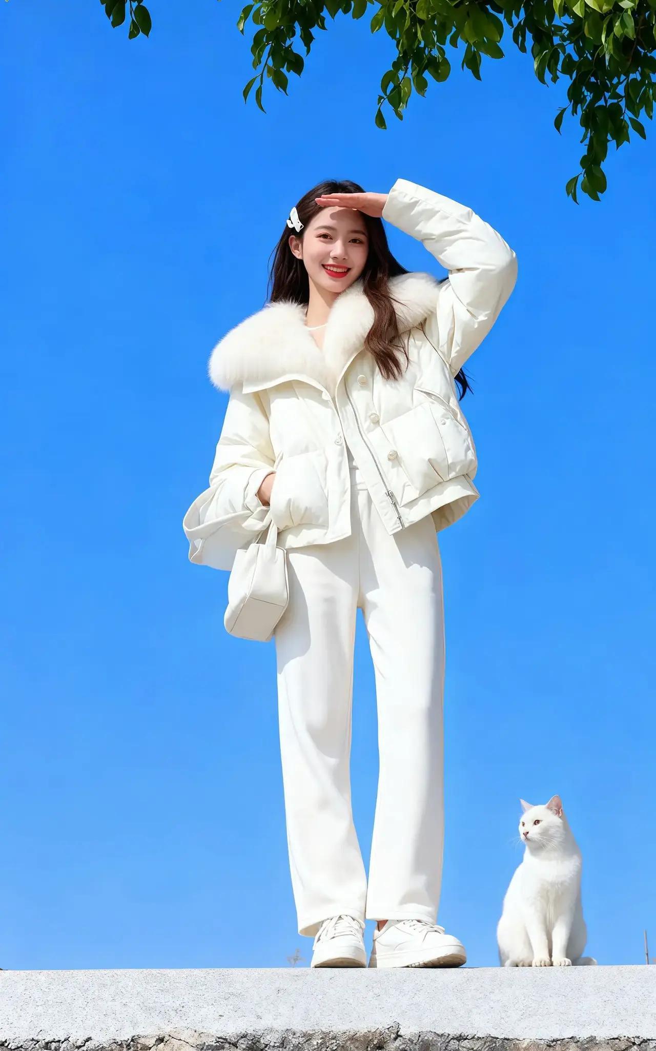 雪衣美人倚，白猫映晴空。