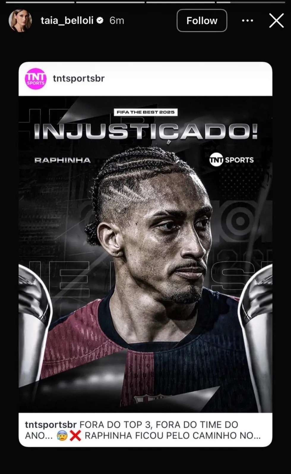 落选后，拉菲尼亚妻子社媒三连开炮：直指FIFA最佳11人阵容评选不公！“拉菲尼亚