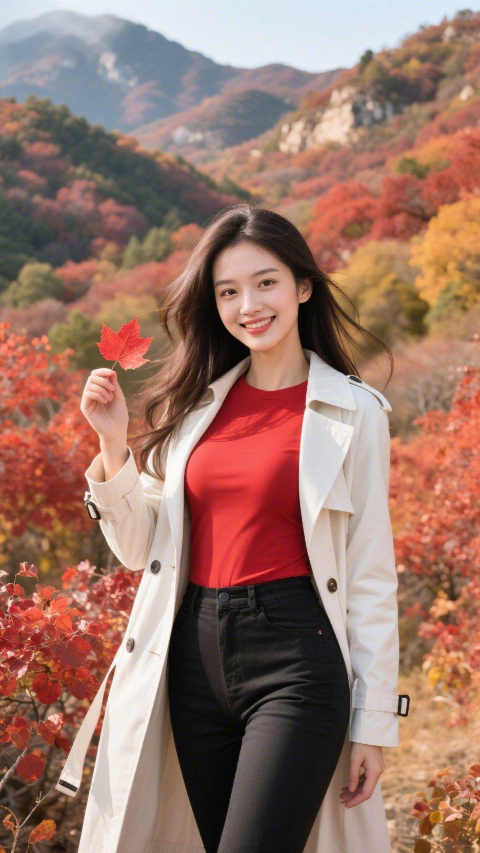 红叶染秋衣
 
层林尽染的山间，秋风卷着红叶的温柔漫过山峦。她立在这片浓烈的秋意