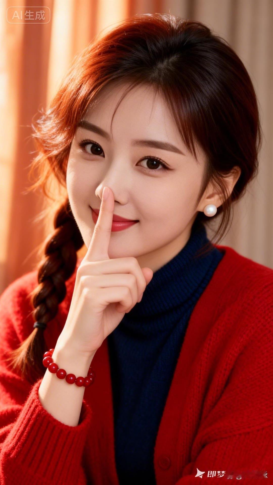 冬日暖阳下，红衣少女轻笑，指尖轻触，静谧美好。