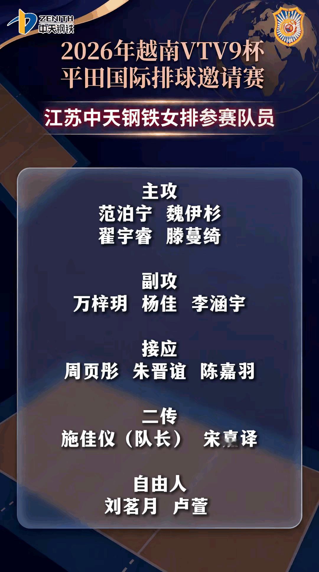 官宣！江苏中天钢铁女排俱乐部公布女排越南邀请赛14人名单，施佳仪任队长毛唯嘉落选
