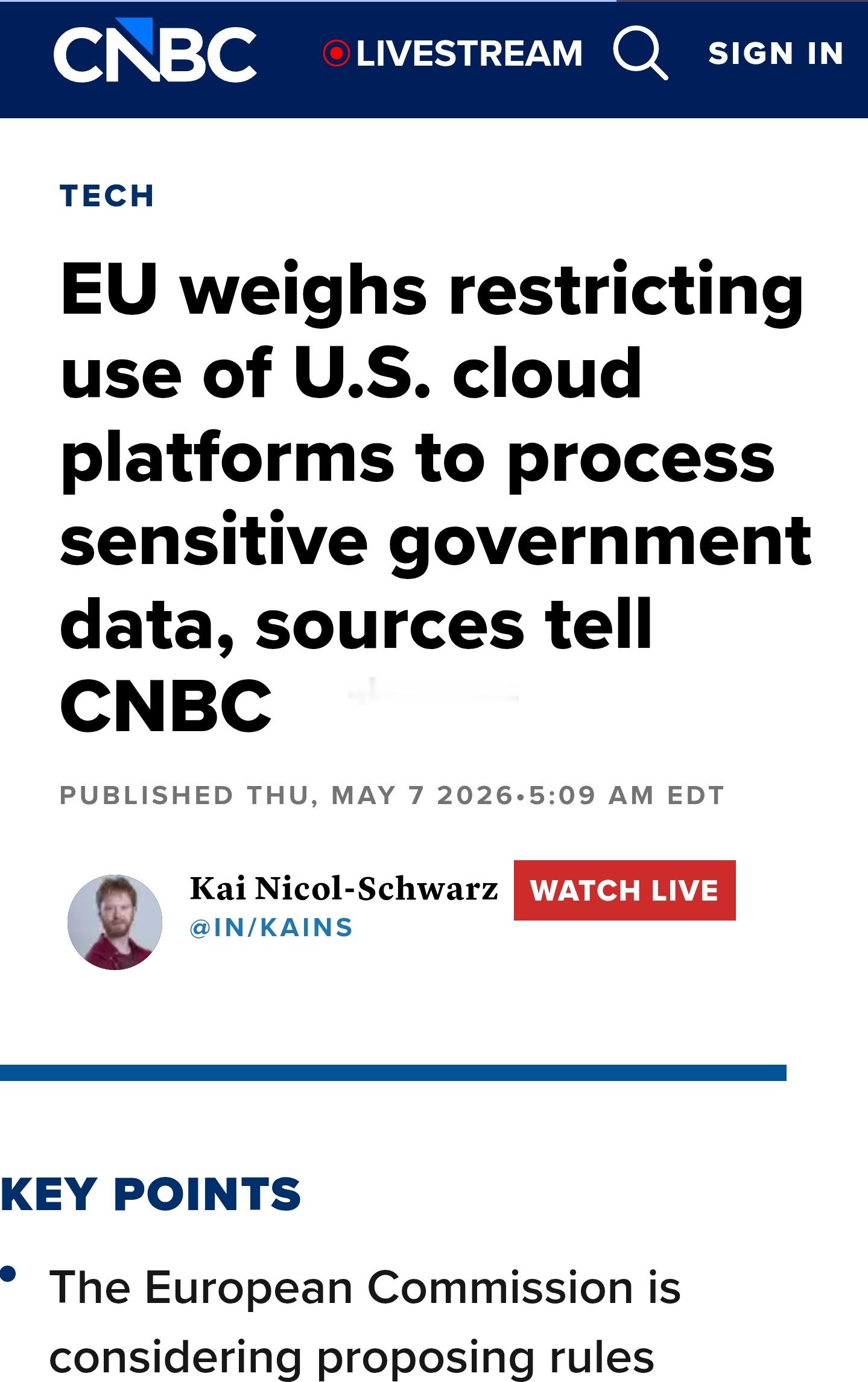 据CNBC报道，知情人士表示，欧盟正在考虑限制成员国政府使用美国云服务提供商处理