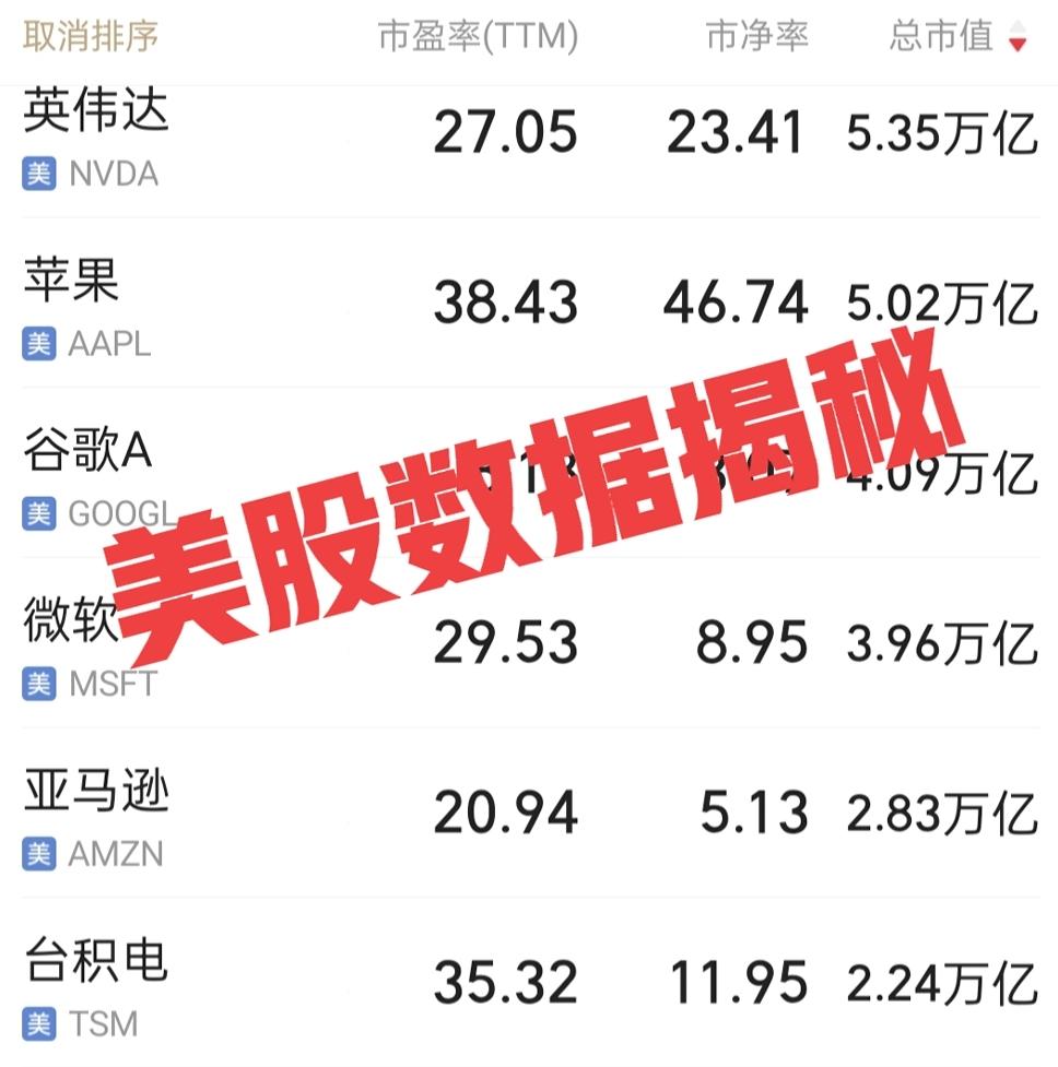 英伟达公司市值5.35万亿美元，市盈率27.05倍，市净率23.4倍；
苹果公司