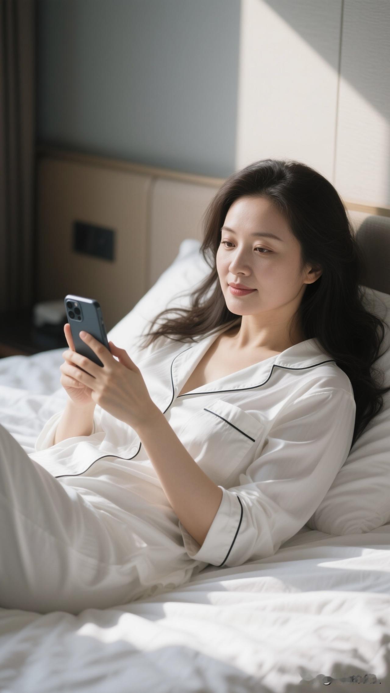 悠闲的午后，躺在床上刷手机，享受宁静时光。