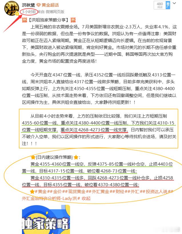 【黄金双空斩利，稳稳精准命中！！！】午后欧盘洪姐在博文策略及盘中布局给到的434