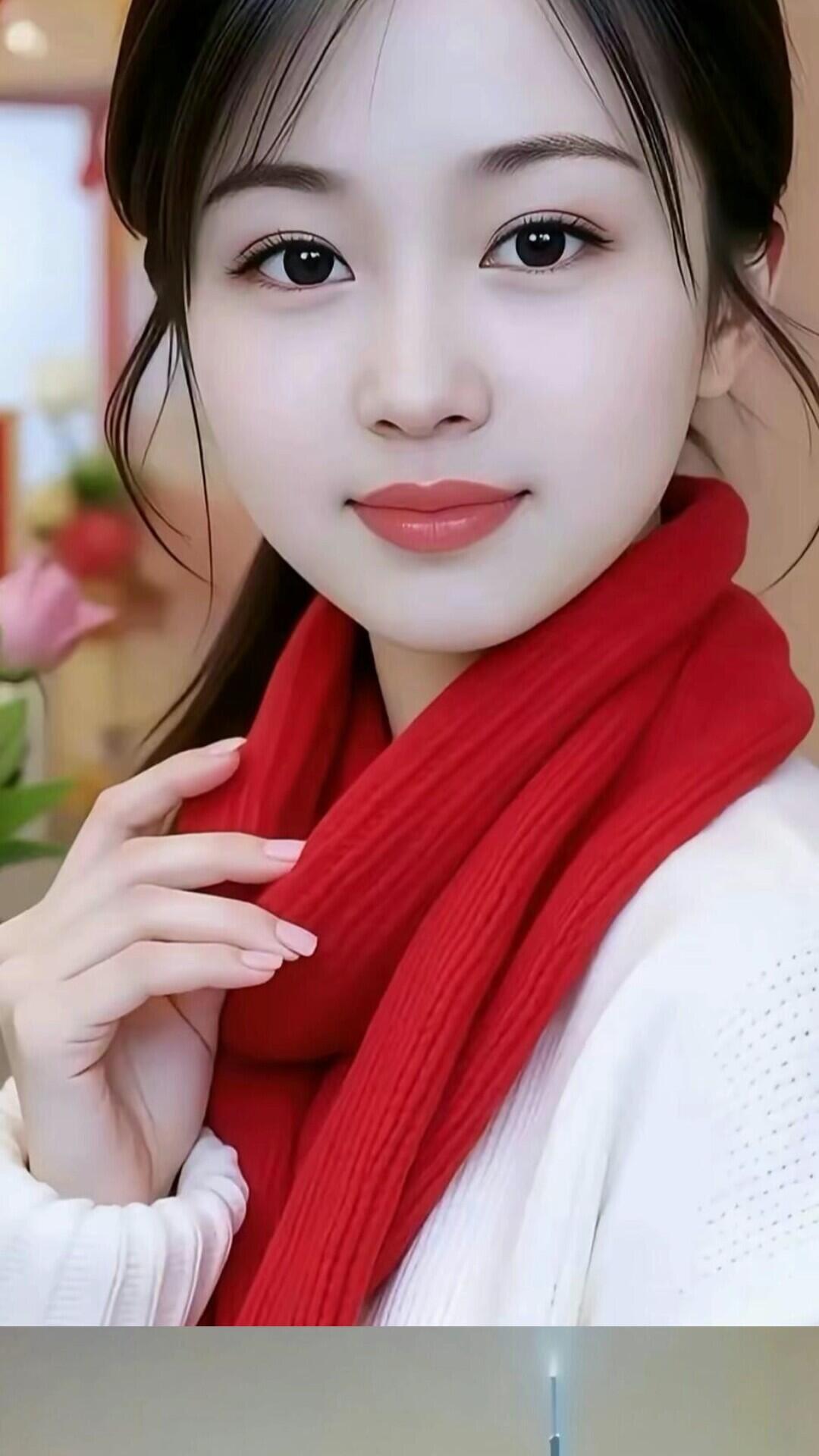 冬日暖阳下的温柔笑容，红色围巾增添暖意