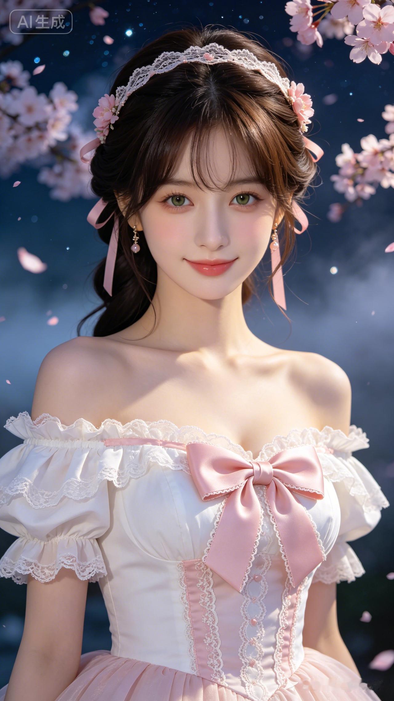 低盘发少女半身俯拍，冷白皮浅粉洛丽塔裙立于星空樱花林，侧逆光勾勒肩颈，花瓣纷飞氛