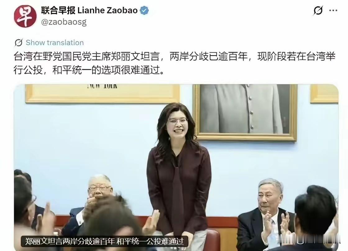 郑丽文说：两岸分歧已逾百年，现阶段若在台湾举行公投，和平统一的选项很难通过。
