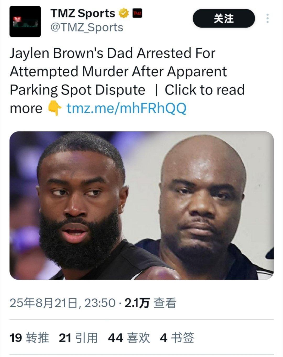 TMZ:杰伦-布朗的老爹因停车纠纷涉嫌谋杀未遂被捕 ​​​