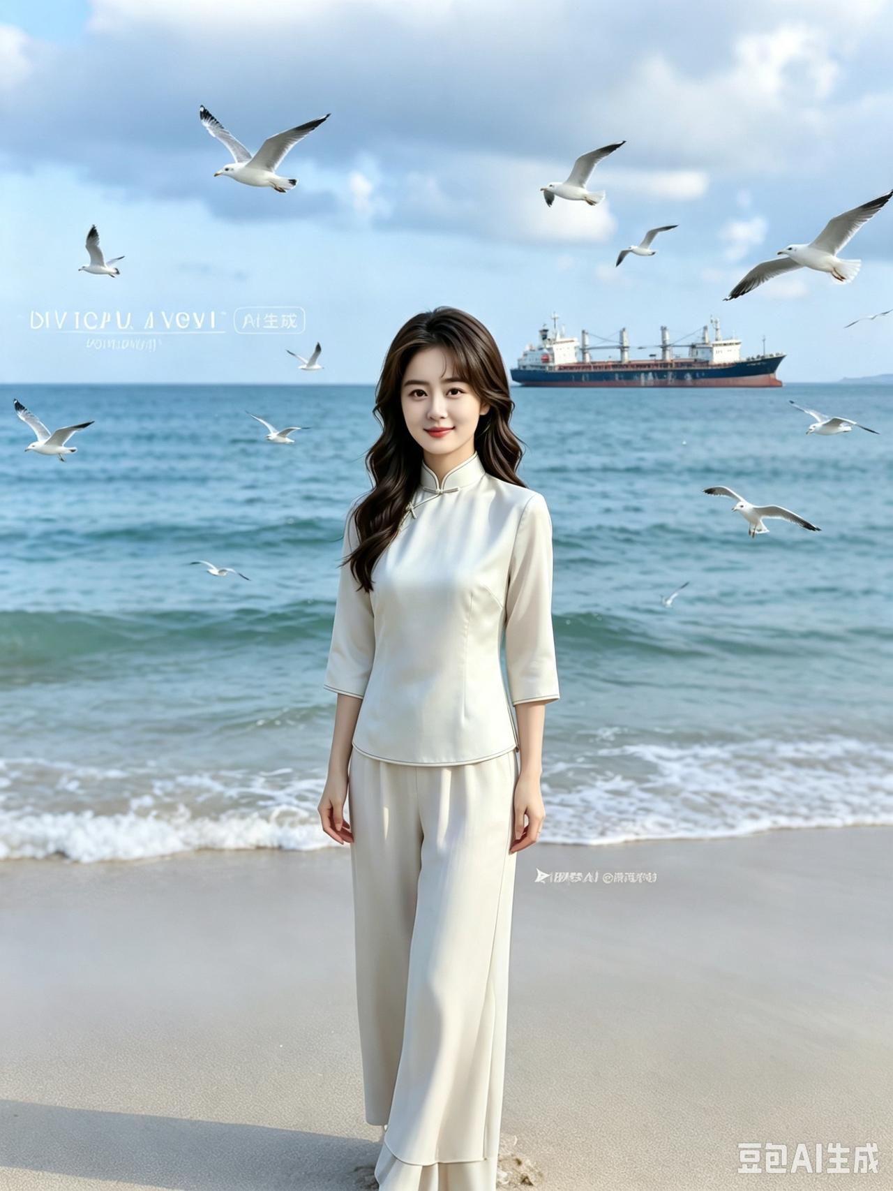 海岸清姿
浅韵新装立海滨，
柔波轻卷白沙匀。
流云漫染晴空色，
鸥鸟翩翔碧水滨。