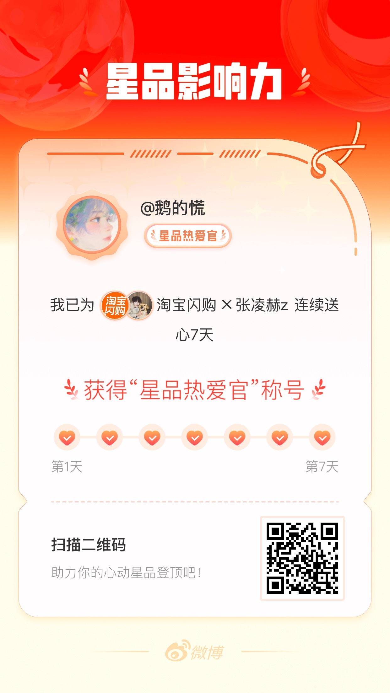 我在星品影响力上为 X 连续送心7天，获得“星品热爱官”称号！快来一起pick你