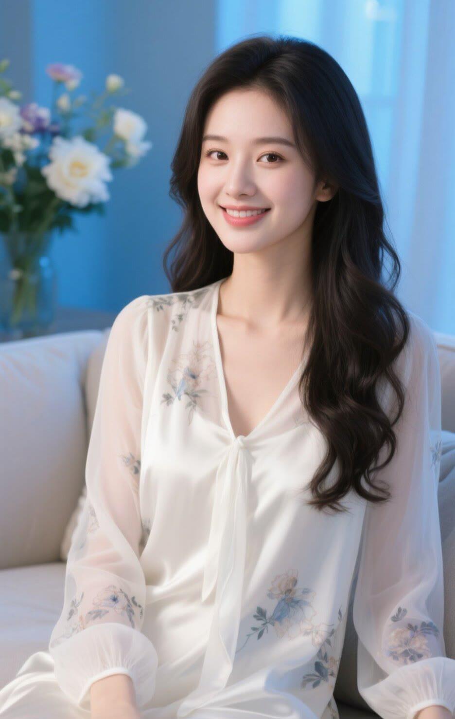 温柔笑颜，花影映白裙，岁月静好。