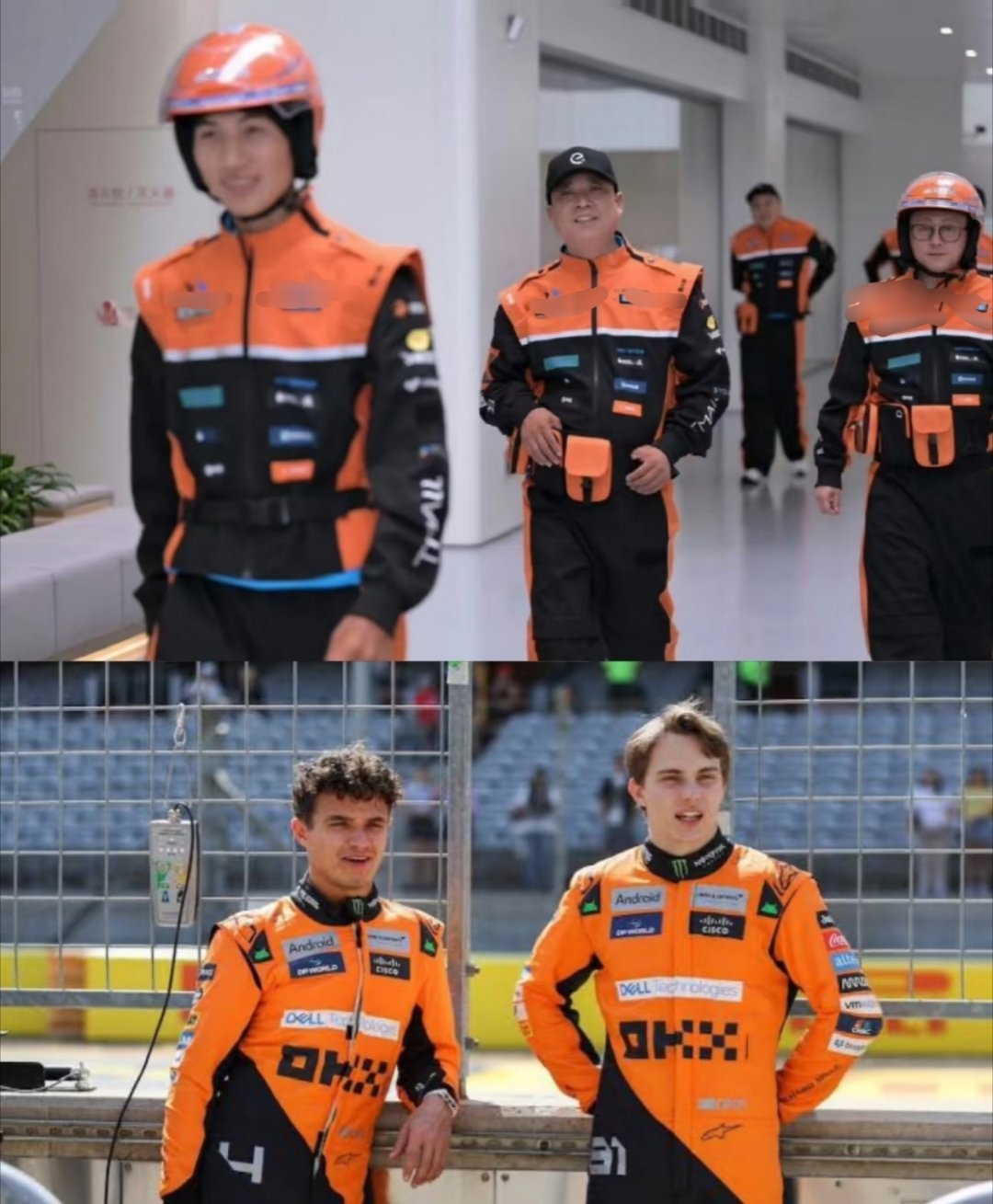 在F1比赛现场看到了外卖骑手F1现场偶遇一群外卖小哥，穿着统一的工装在给车手加油