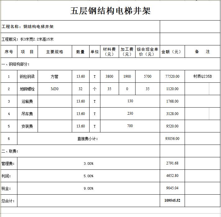 五层钢结构电梯井架，柱梁采用大方管，材质Q235-B，工厂焊接成型之后拉到现场，