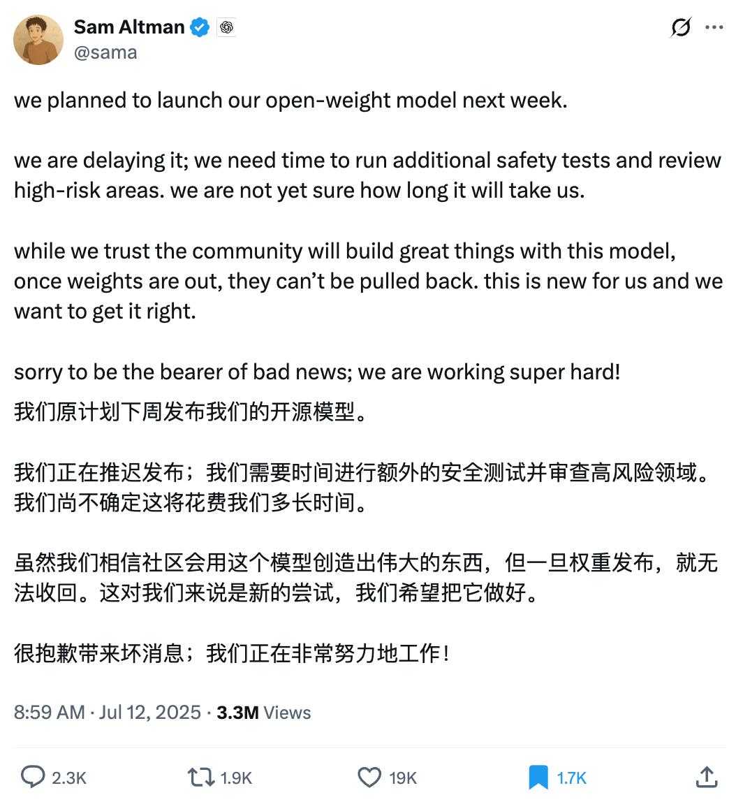 #OpenAI首个开源模型再延期##OpenAI开源模型因安全测试延期#
Ope