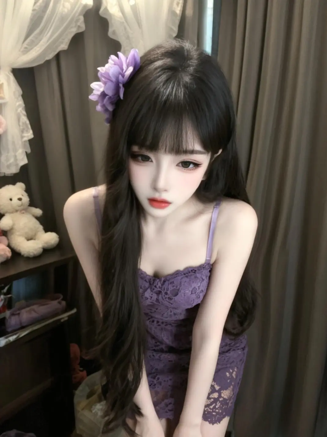 纯御风 紫色蕾丝吊带裙 辣妹穿搭听说紫色很有韵味 做你的御姐 甜御妆容教程