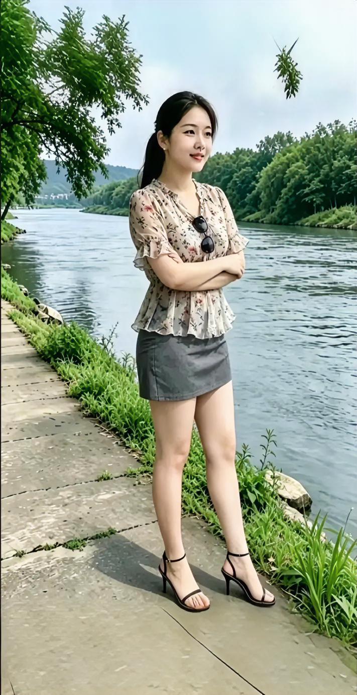 河水静静流淌，微风裹挟着草木清香，在河畔享受一段悠闲时光。浅底碎花小衫温柔雅致，