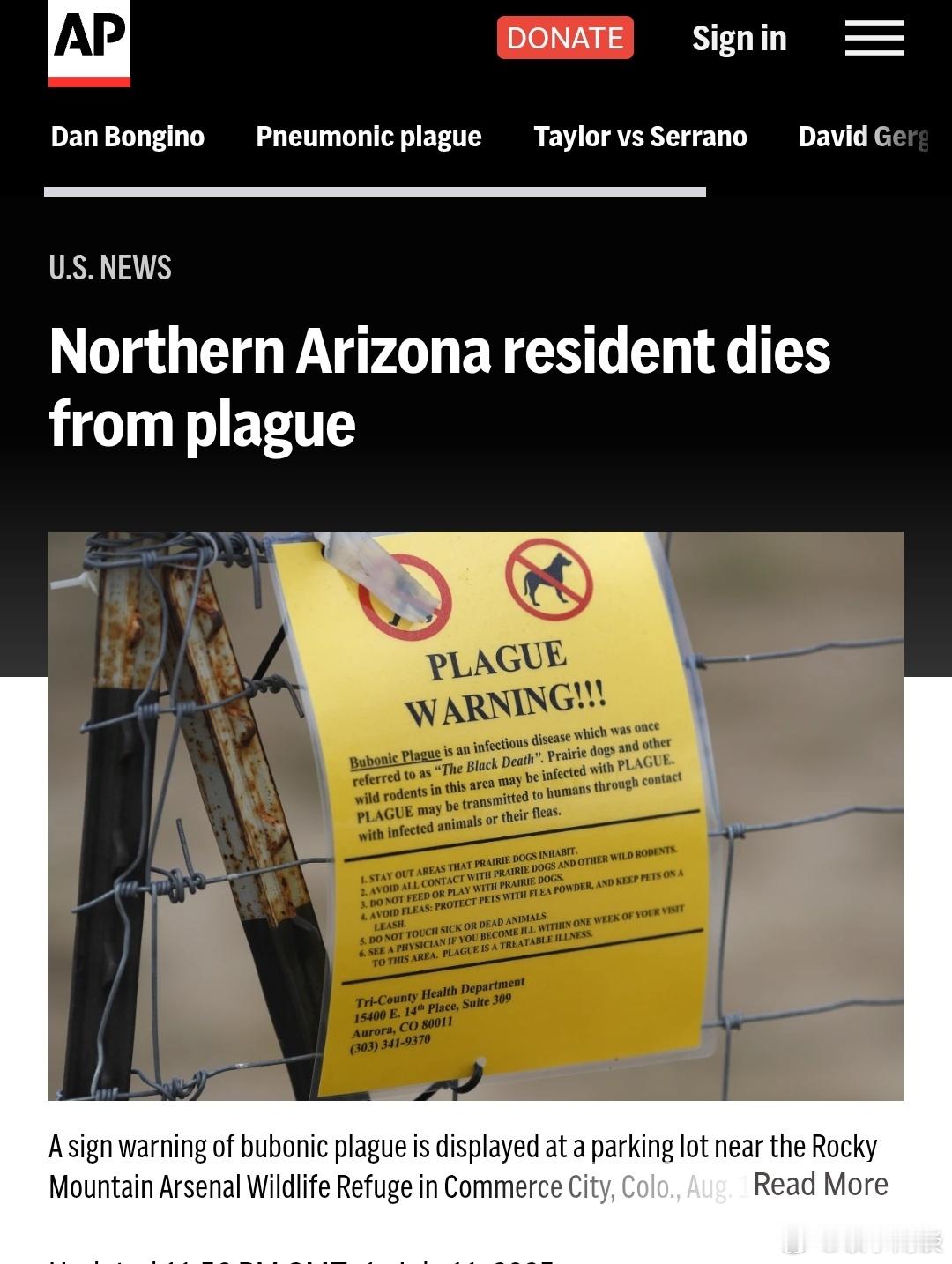【美国出现肺鼠疫死亡病例】（美联社）——亚利桑那州北部一名居民因感染肺鼠疫死亡，