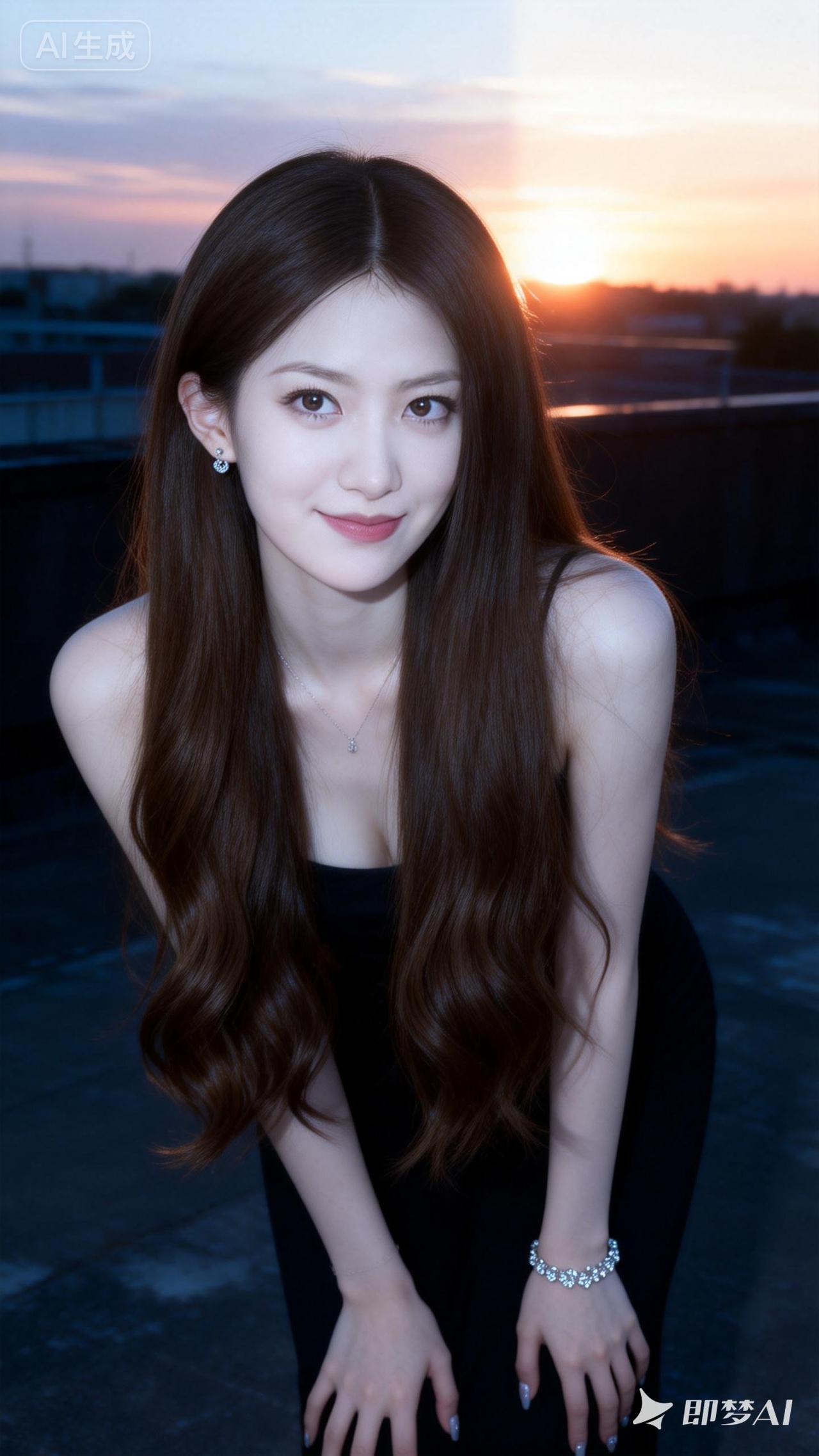 夕阳下的温柔少女，黑裙与长发的完美搭配，尽显优雅与迷人。