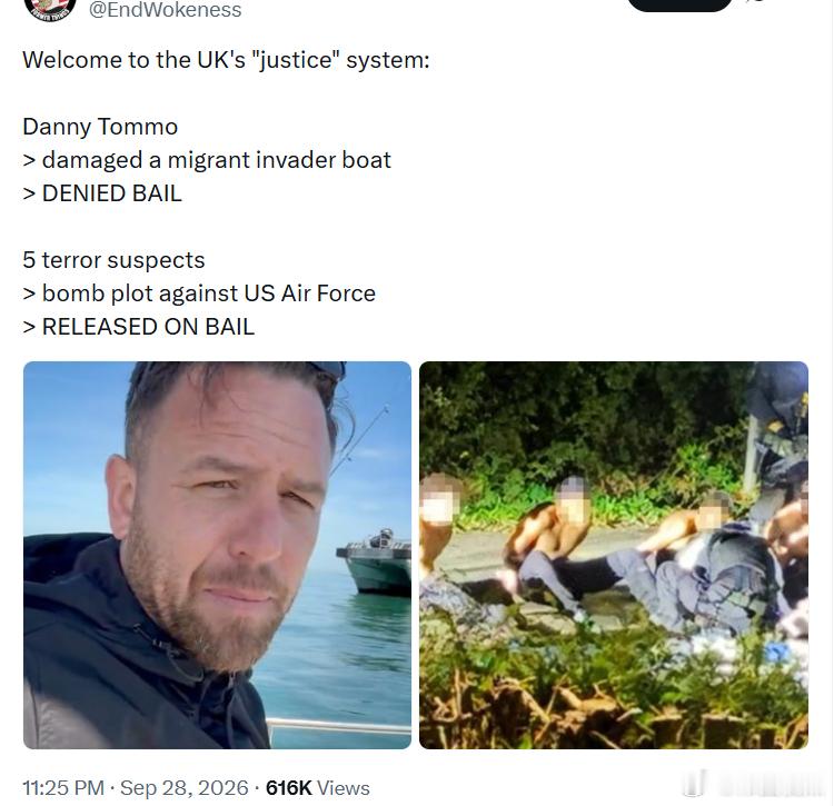 欢迎来到英国的“司法”体系：丹尼·汤莫• 损坏了一艘载有移民的船只• 被拒绝保释