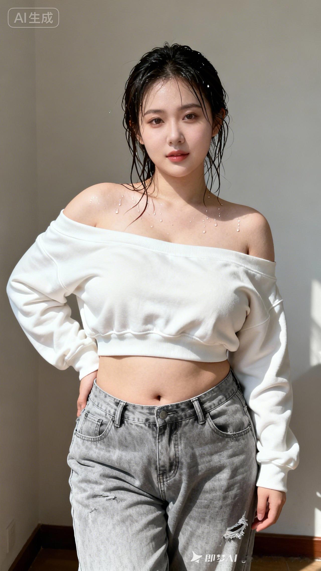 清新自然，水润少女风，简约白露肩上衣搭配牛仔裤，轻松自在。