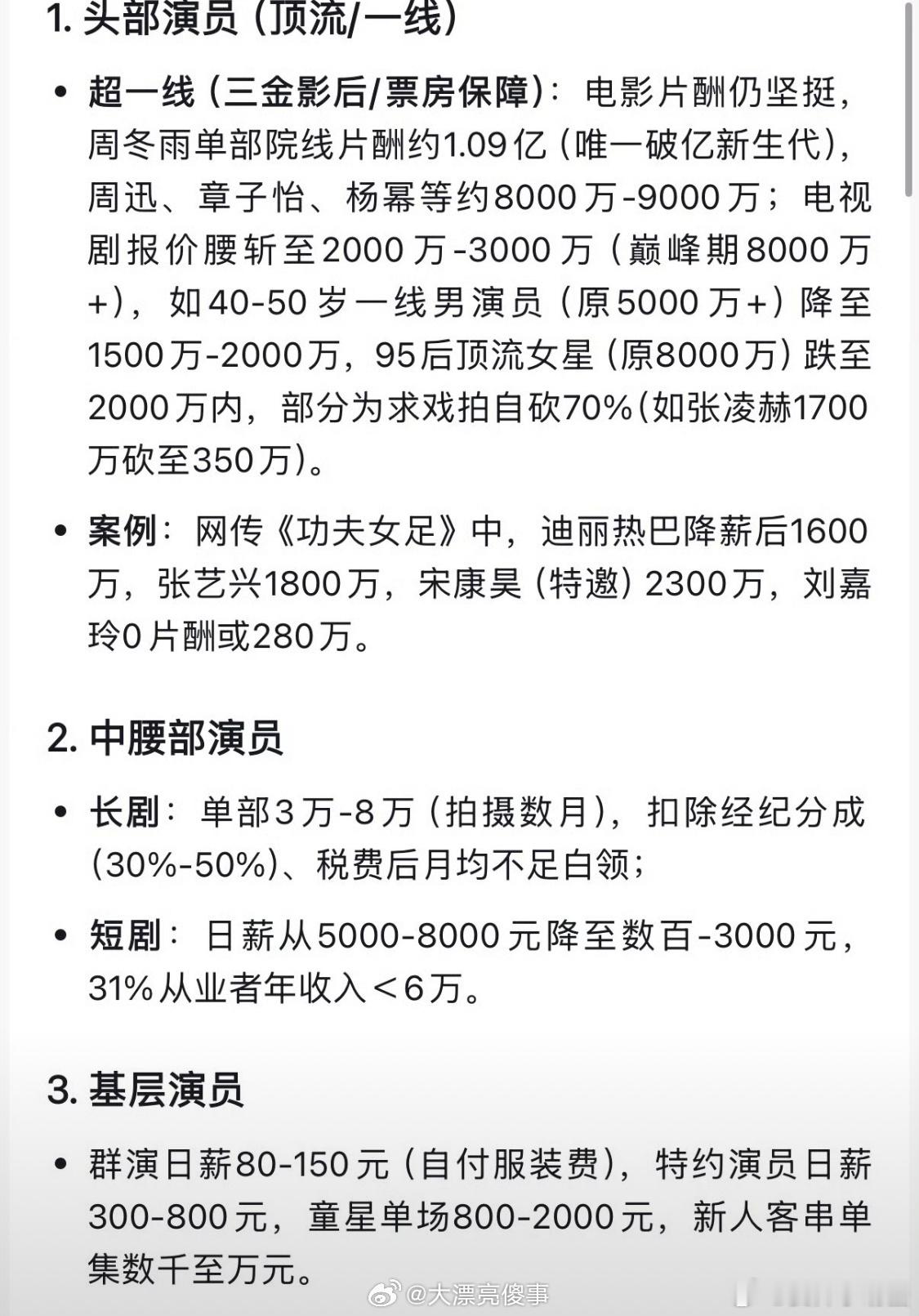 曝演员片酬从2亿降到最高2500万还是太高，顶流一千万，一线七百万，二线四百万左