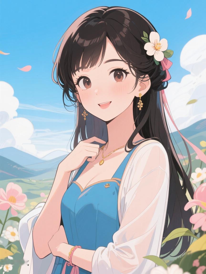 AI妙生图在繁花与蓝天间，少女似梦。于时光里，寻一抹纯真，邂逅美好与静谧。