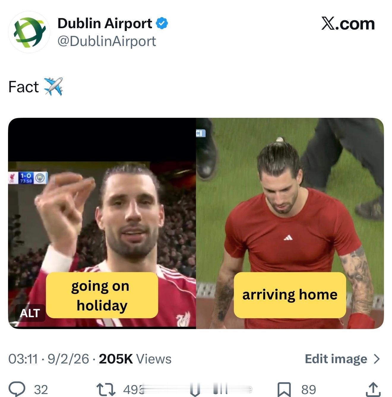 看了下是官方账号都柏林机场官方推笑话利物浦对阵曼城被红牌罚下的球员去度假？到家了