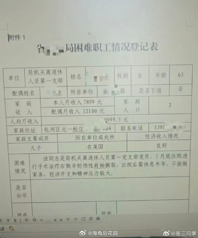退休女子月入7899元登记困难职工  能不困难吗？钱都给在美国的儿子花了。 