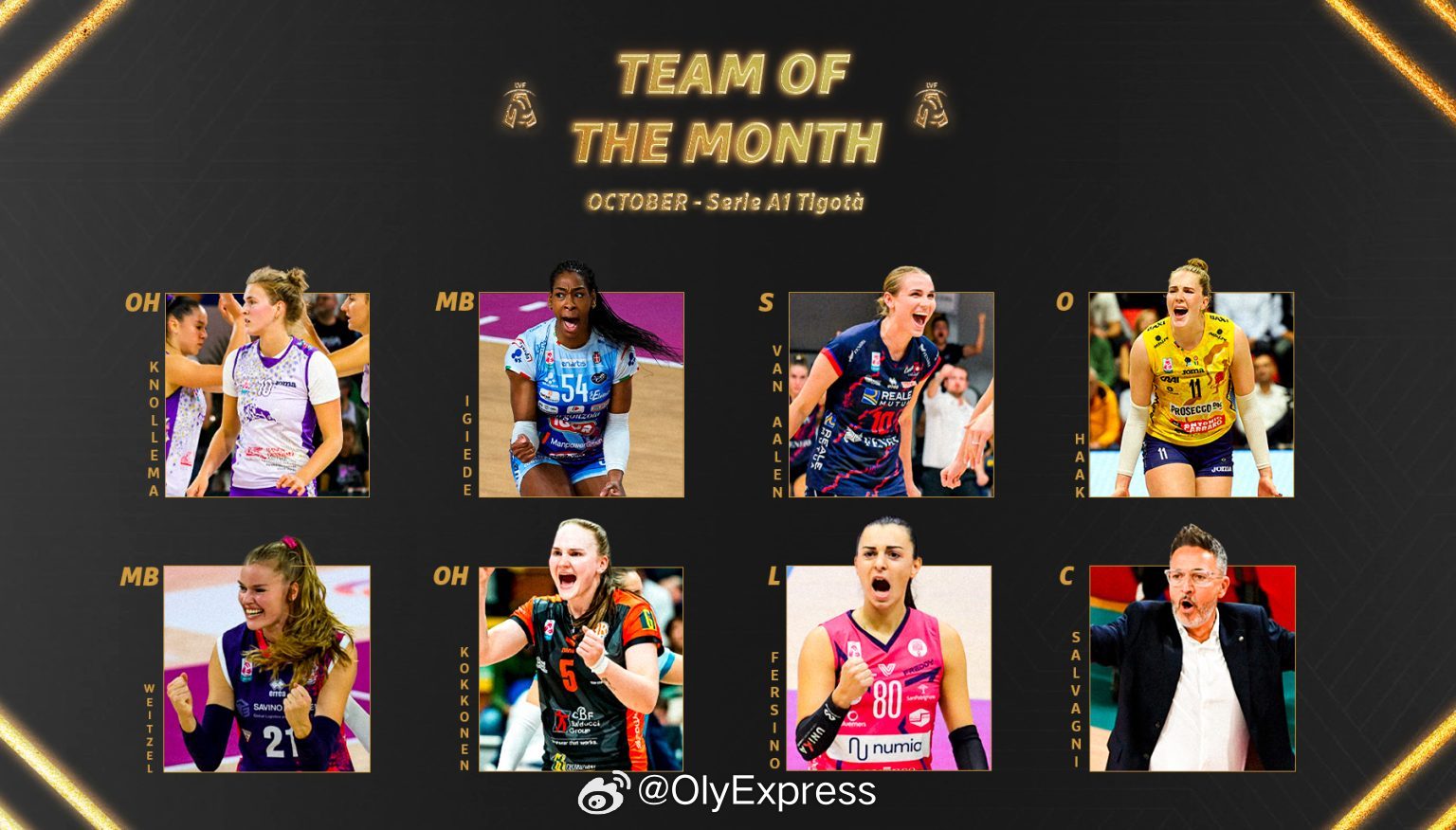 【意甲女排10月最佳阵容】国际排坛动态 MVP：哈克(科内利亚诺)二传：范阿伦(