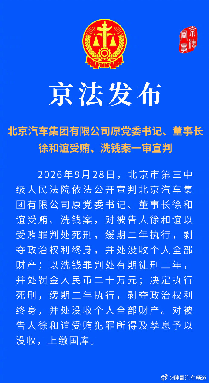 胖哥汽车频道[超话]北汽原董事长徐和谊被判死缓 死缓。 ​​​